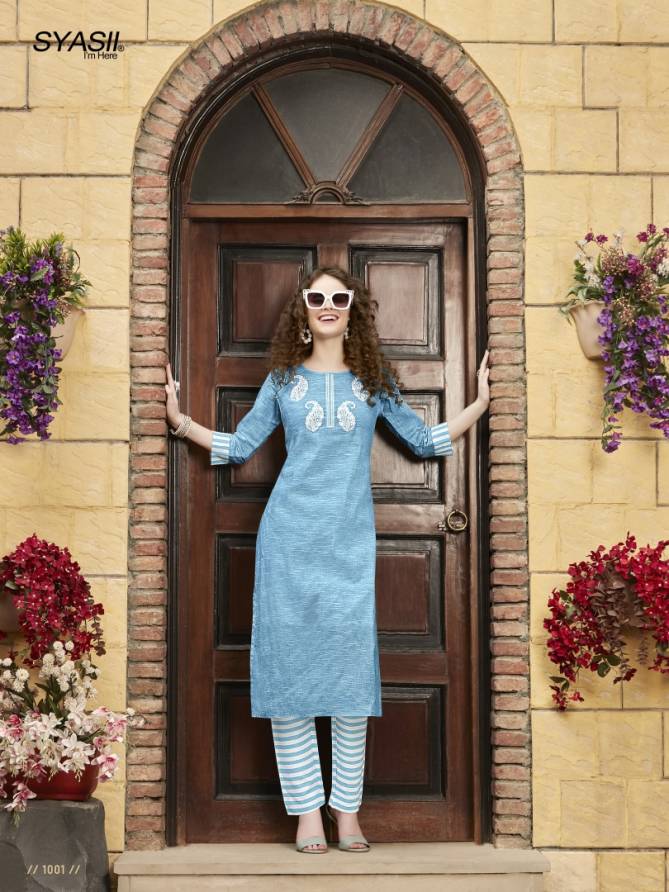 Syasii Thread Latest Fancy Designer Regular Wear Cotton With Embroidery Kurti With Bottom Collection
