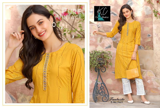 Kc Fantastic 7 Latest Fancy Casual Wear Rayon printed top with heavy neck work Kurti With Bottom Collection
