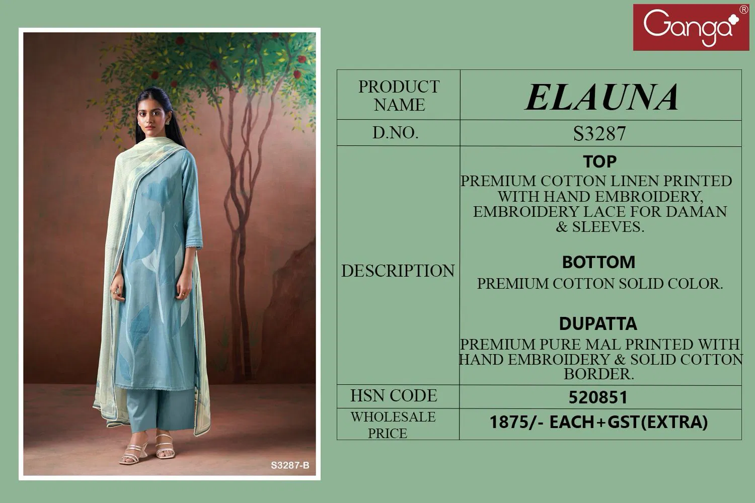 Elauna 3287 By Ganga Cotton Linen Printed Dress Material Suppliers In India