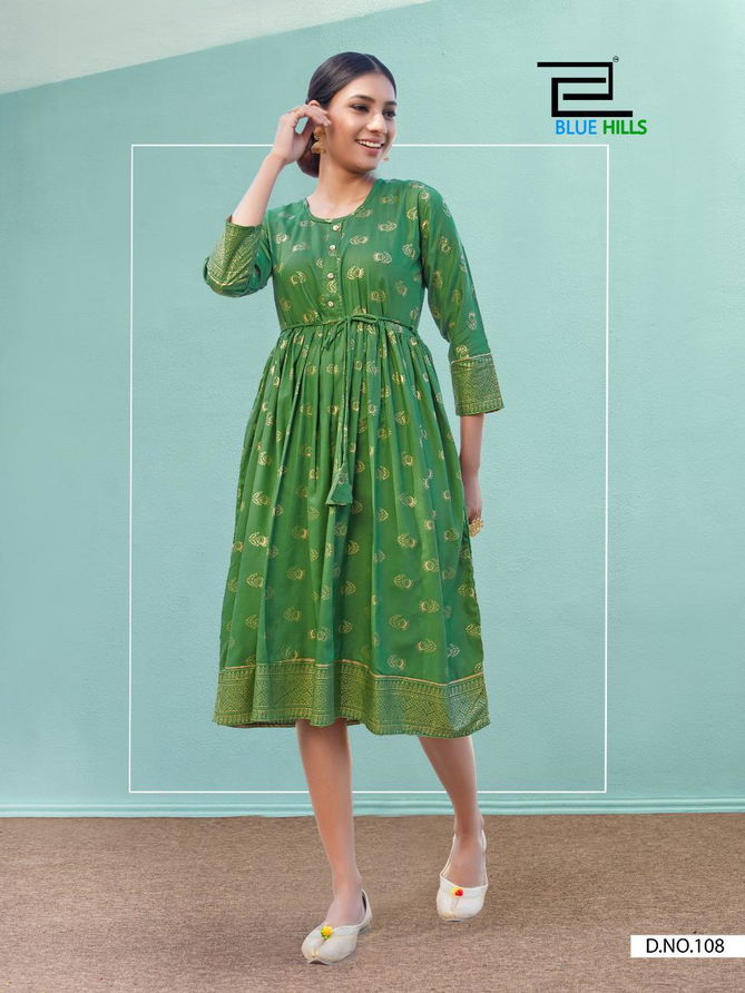 Blue Hills Shine Latest Fancy Designer Ethnic Wear Rayon Gold Print Kurtis Collection
