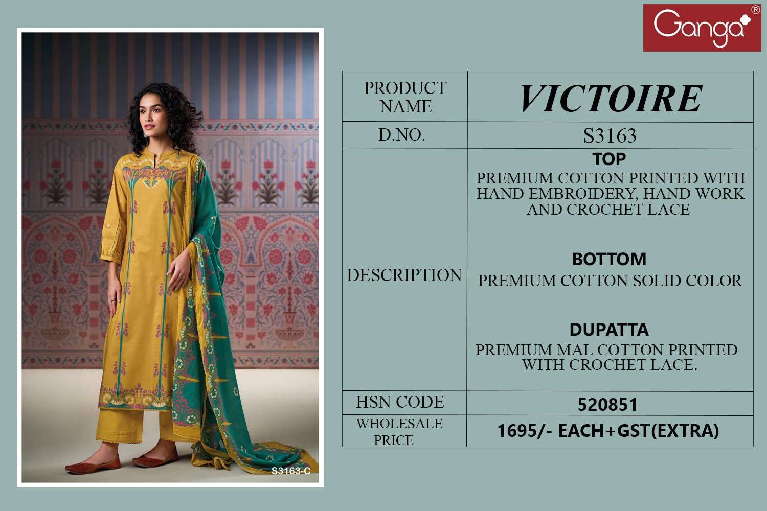 Victoire 3163 By Ganga Cotton Printed Embroidery Dress Material Exporters In India