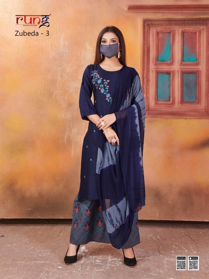 Rung Zubeda 3 Latest Designer Daily Wear Rayon With Work Plazzo Suit Collection 