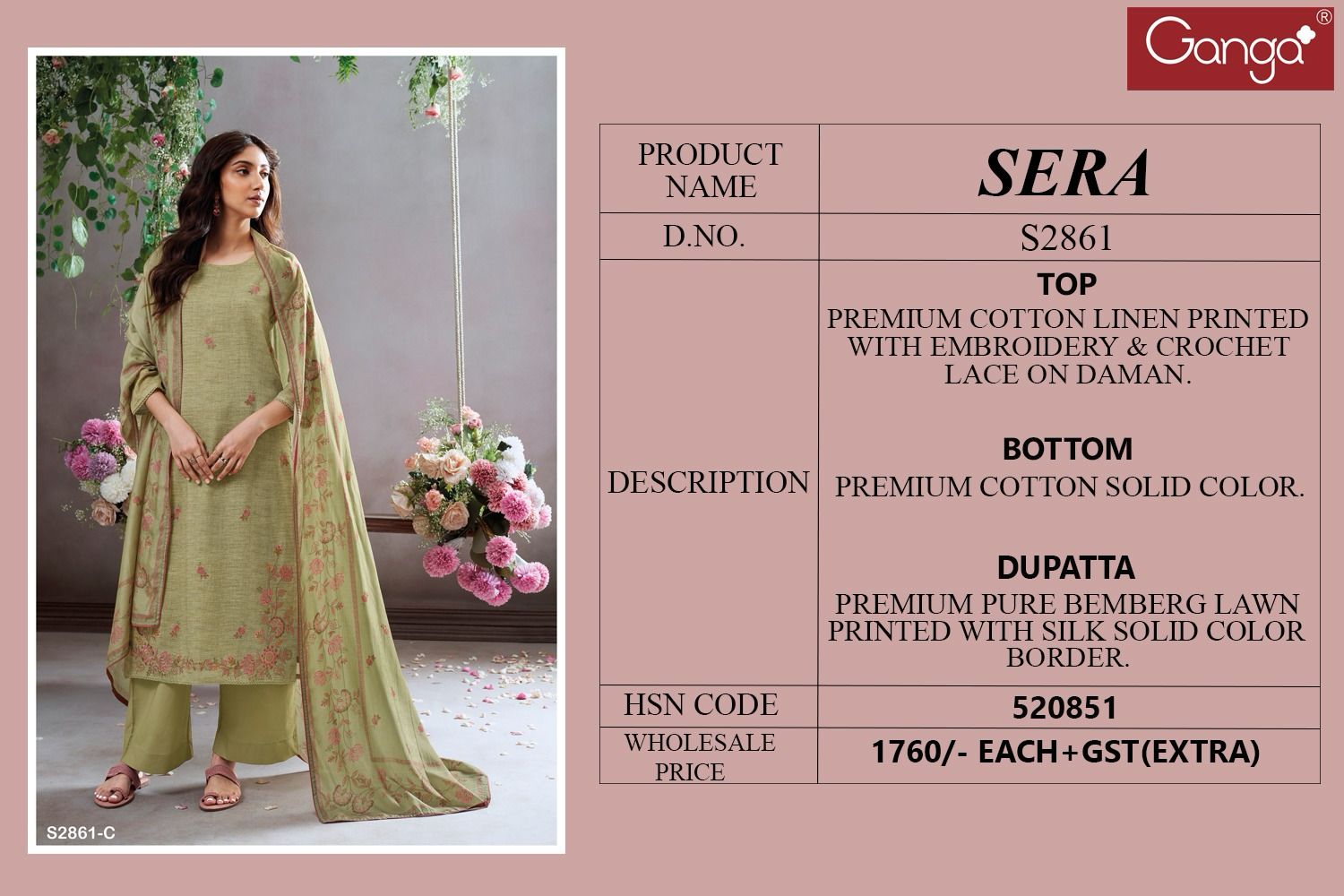 Sera 2861 By Ganga Cotton Linen Printed Dress Material Orders In India