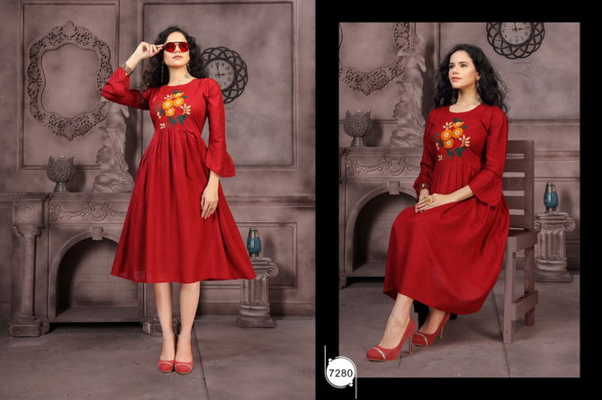 Ft Lollipop Latest Fancy Designer Embroidery Rayon Casual Wear Anarkali Kurtis Collection
