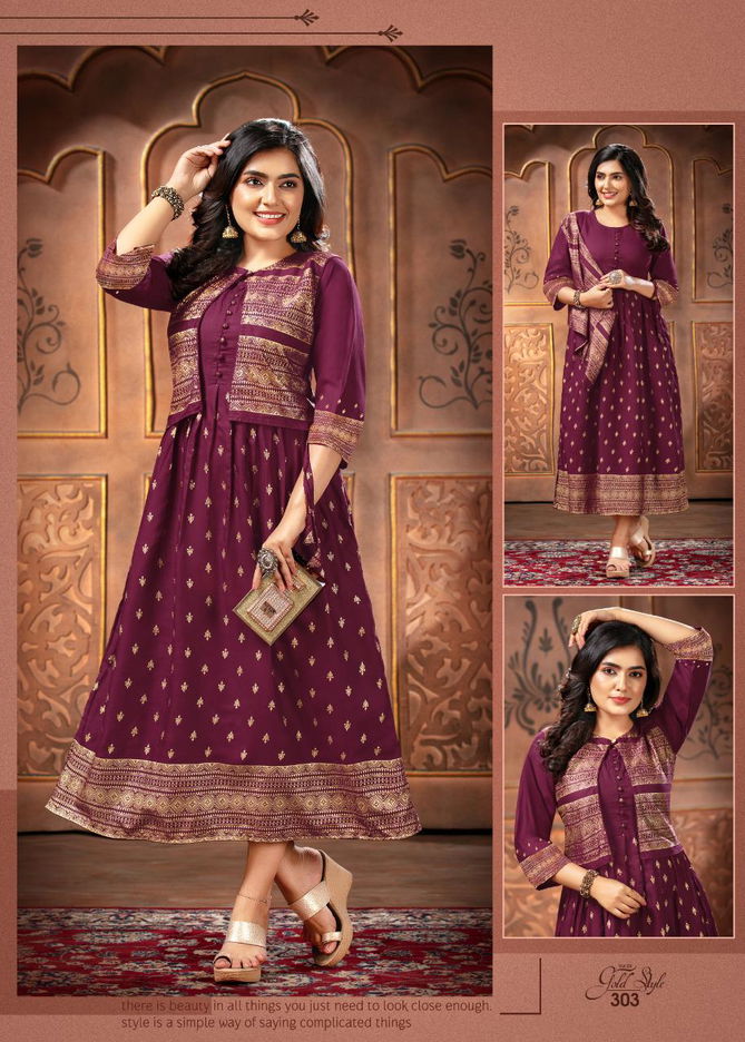 Ft Gold Style 3 Latest fancy Designer Casual Wear Gold Printed Long Kurtis Collection
