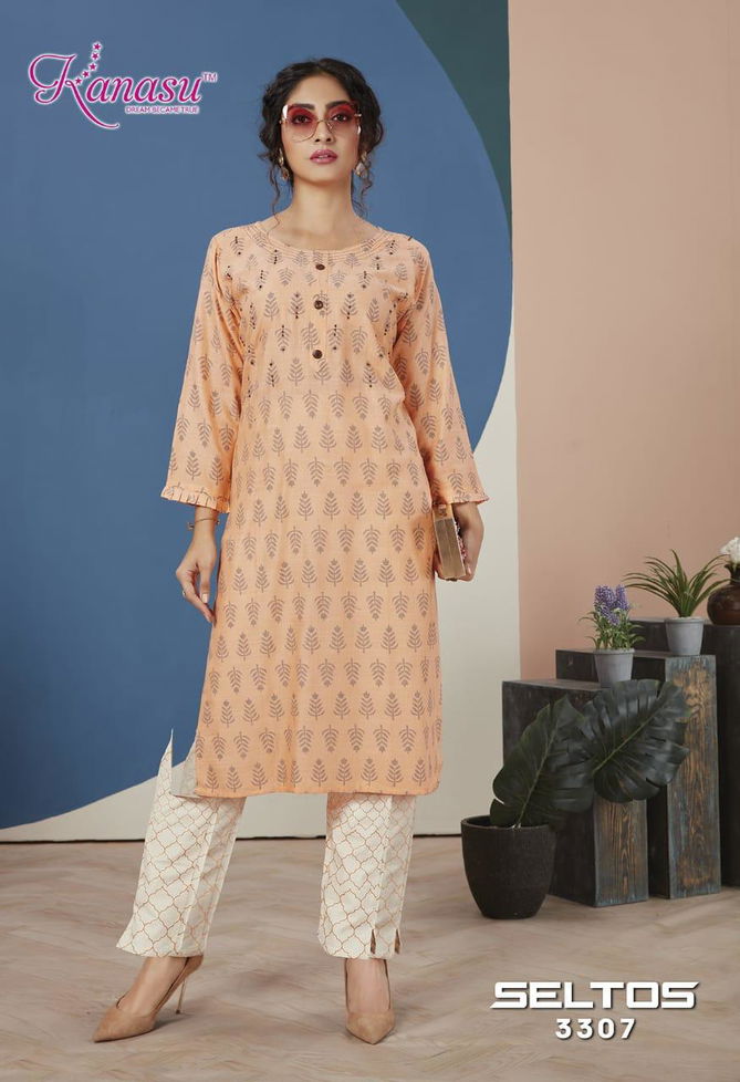 Kanasu Seltos fancy Designer Heavy Latest Ethnic Wear Rayon Slub Flex print Pent Kurtis With Bottom Collection
