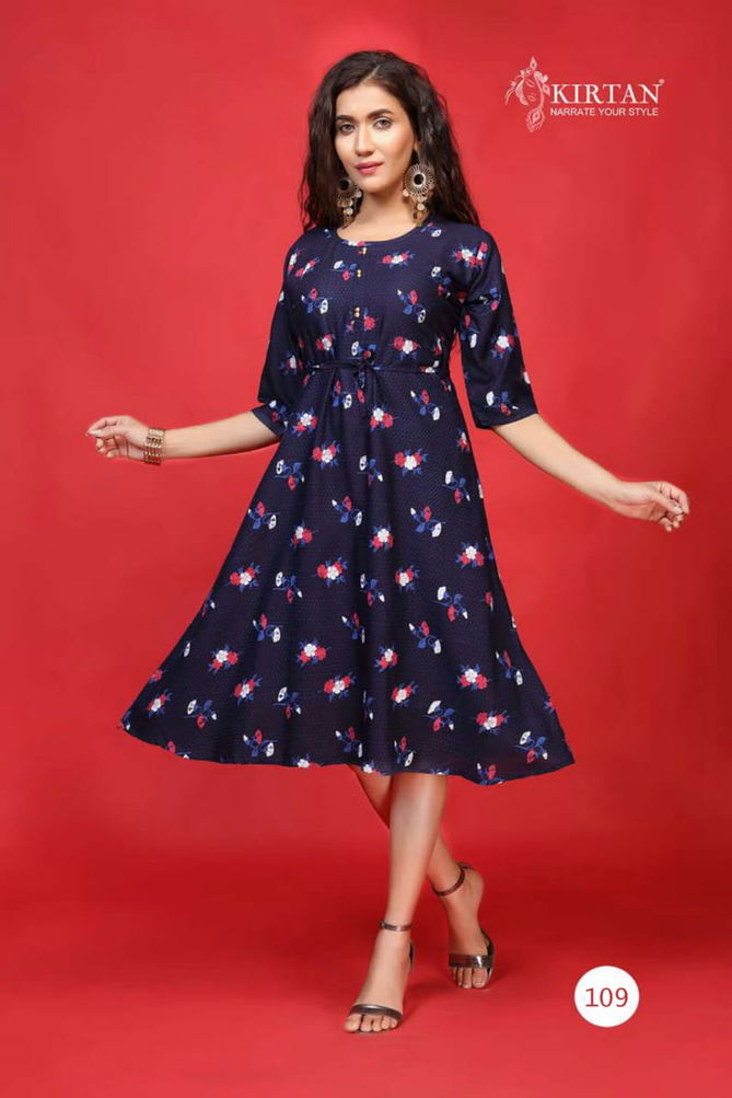 Kirtan Kanika Fancy Designer Casual Wear Rayon Printed Anarkali Kurtis Collection
