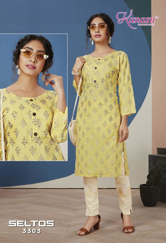 Kanasu Seltos fancy Designer Heavy Latest Ethnic Wear Rayon Slub Flex print Pent Kurtis With Bottom Collection
