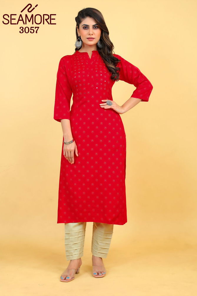 Red By Seamore Rayon Mirror Work With Printed Wear Kurtis Exporters In India