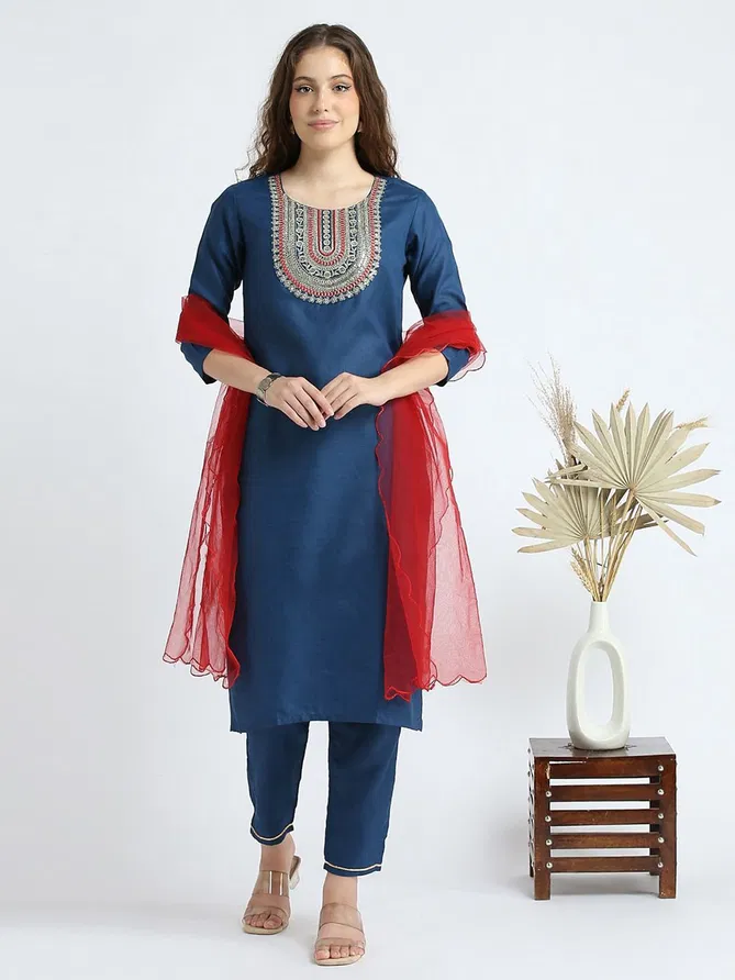 VT Designer Slub Cotton Embroidery Kurti With Bottom Dupatta Suppliers In India