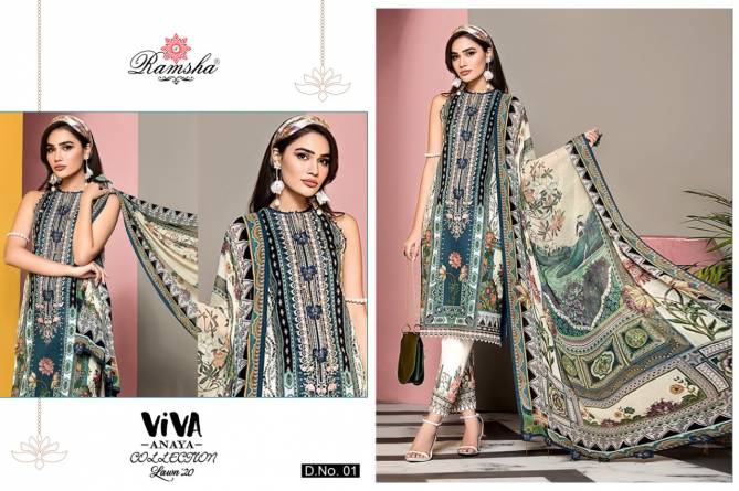 Ramsha Viva Anaya 2020 Latest Digital Print Embroidered Cambric Cotton Pakistani Salwar Suits Collection 
