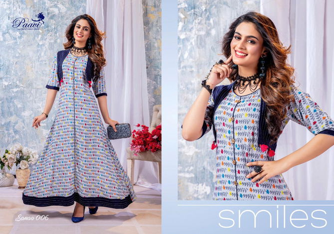 Paavi Sanaa Exclusive Stylish Designer Rayon Casual Wear Long Kurtis Collection 