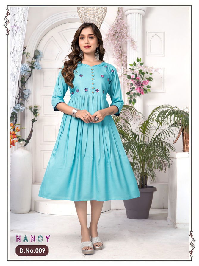 Ft Nancy Vol 1 Plain Sequence Work Rayon Designer Kurtis Catalog
