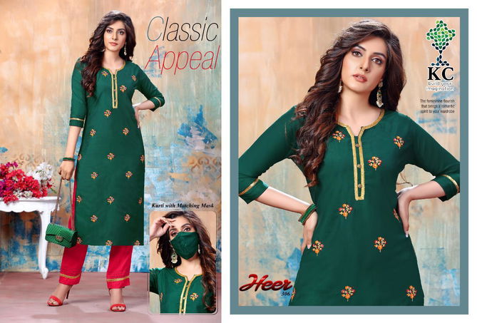 Kc Heer 3 Latest Designer Embroidered Casual Wear Rayon Kurti With Bottom Collection