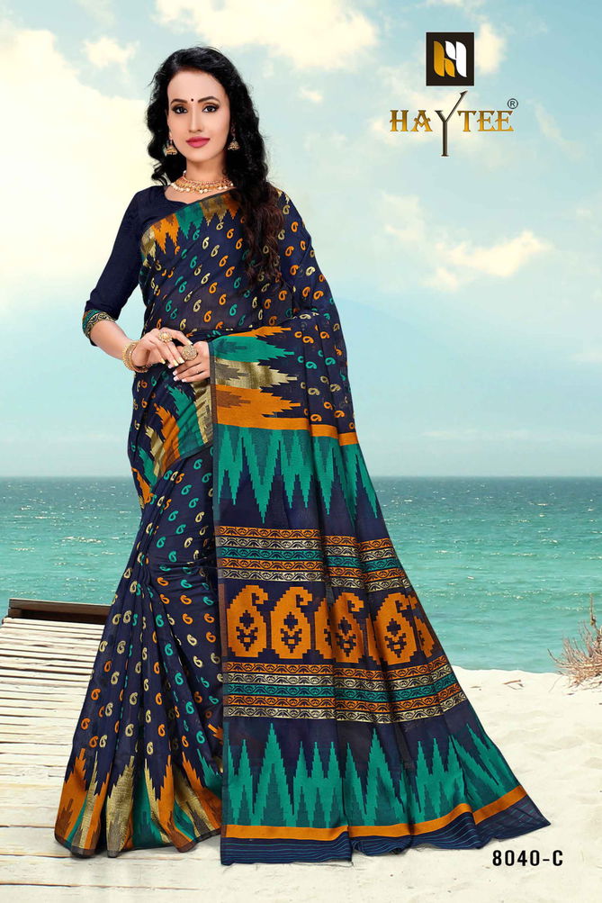 Haytee Arabic 8040 Latest Printed Designer Party Wear Poly Cotton Saree Collection 