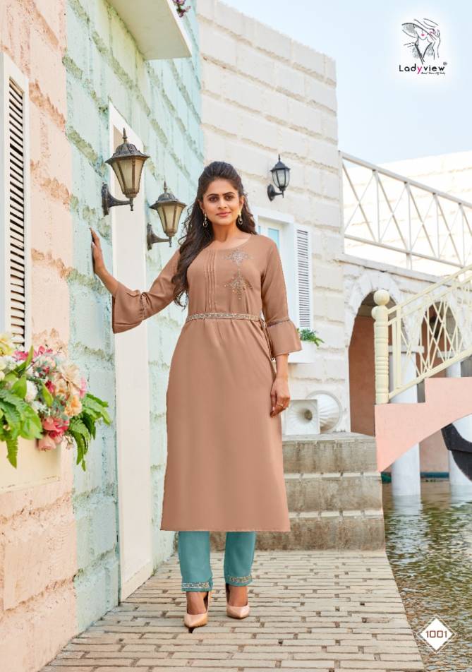 Ladyview Beltom Rayon Embroidery Work Kurtis With Attached Belt and Pant Collection
