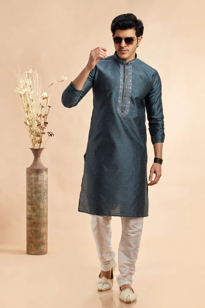 Jacquard Art Silk Embroidery Work Kurta Pajama