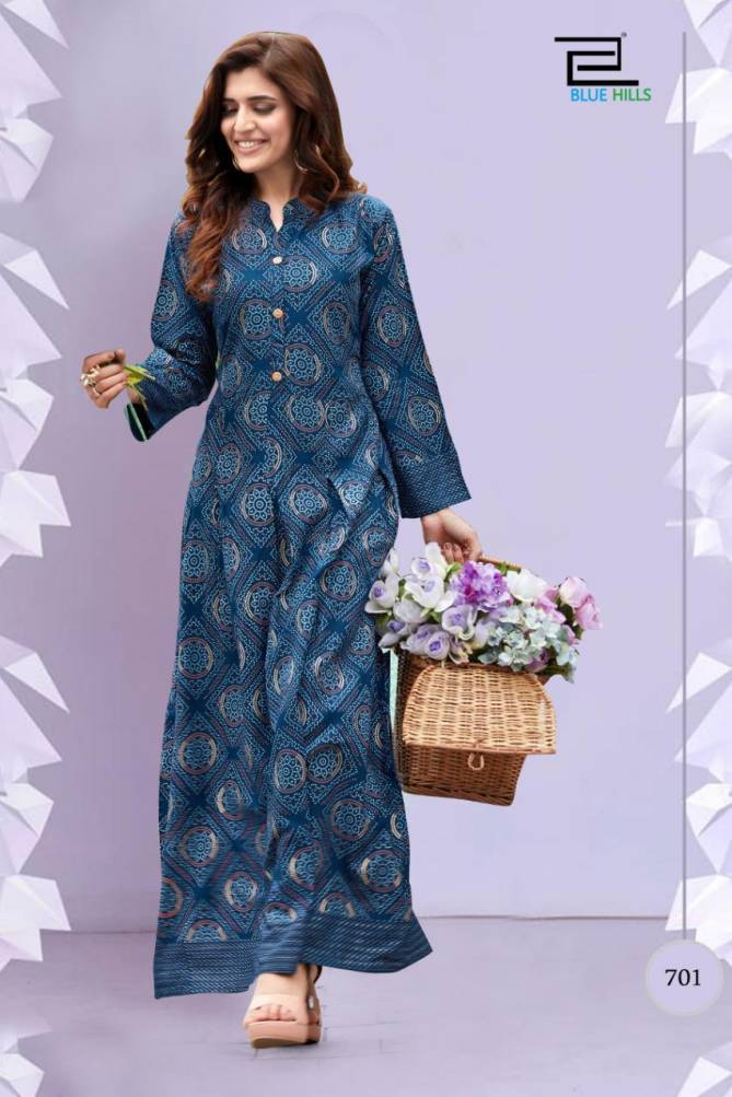 Blue Hills Walkway 7 Fancy Designer Ethnic Wear Printed Rayon Long Kurti Collection
