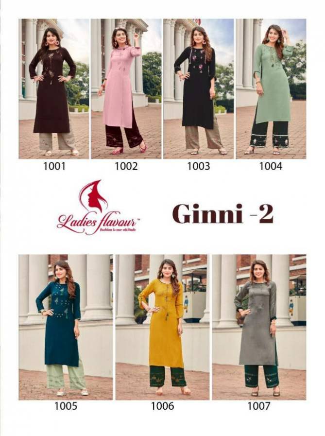 Ladies Flavour Ginni 3 Latest Designer Party Wear Embroidery Worked Rayon Kurti With Plazzo Collection
