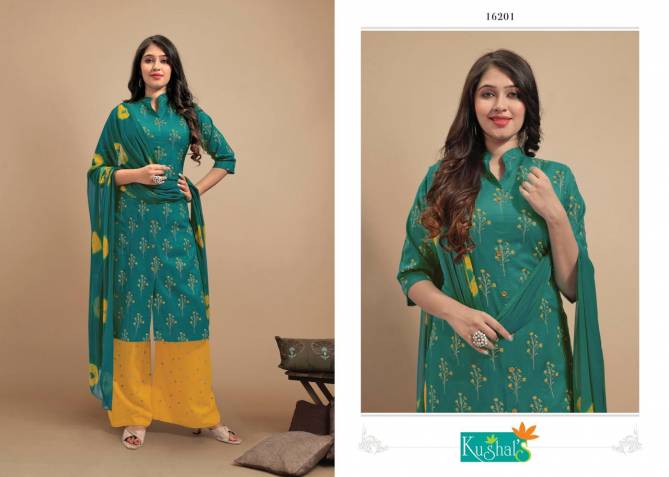 Kushals Meri Gold 3 Fancy Rayon Printed Regular Wear Kurti With Plazzo And Dupatta Collection