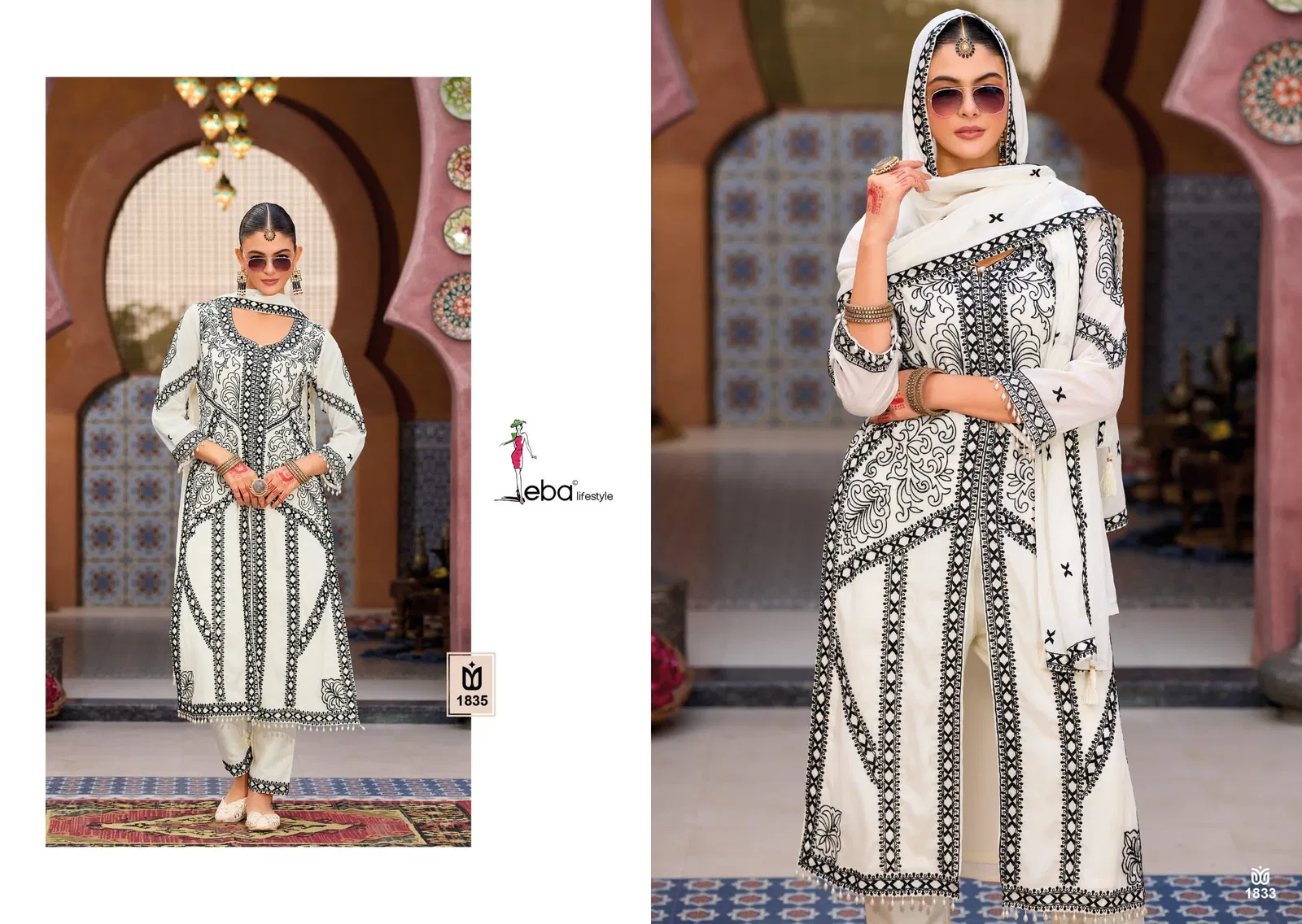 Kase Black And White By Eba Chinon Embroidery Readymade Suits Exporters In India