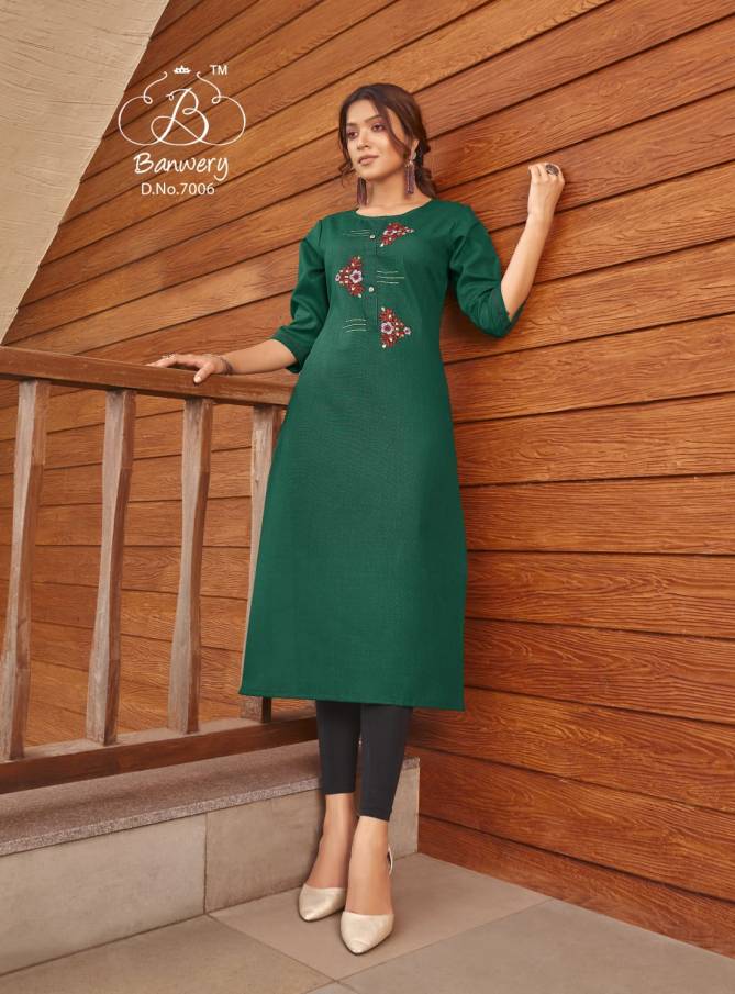 Banwery Blend 7 Ethnic Wear Embroidery Work Pure Cotton Kurti Collection
