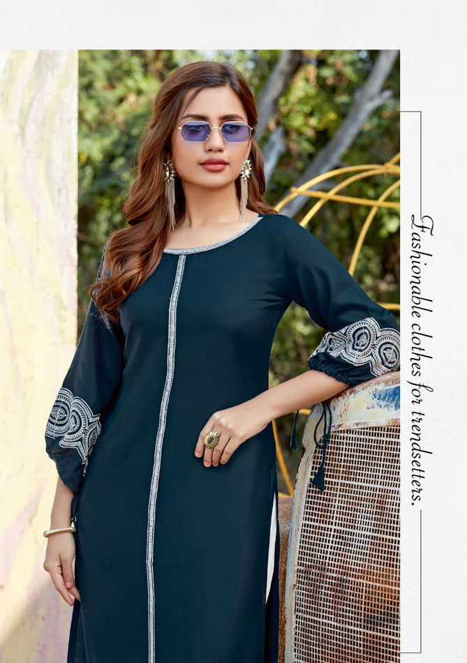 Wooglee Kesar Staright Fancy Festive Wear Heavy rayon Embroidery Work Kurti With Bottom Collection
