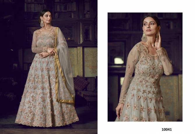 Raazi Latest Designer Fancy Wedding Wear Embroidery Net With Embroidery And Stone Work Sleeves And Four Side Less Dupatta Ladies Gown Collection
