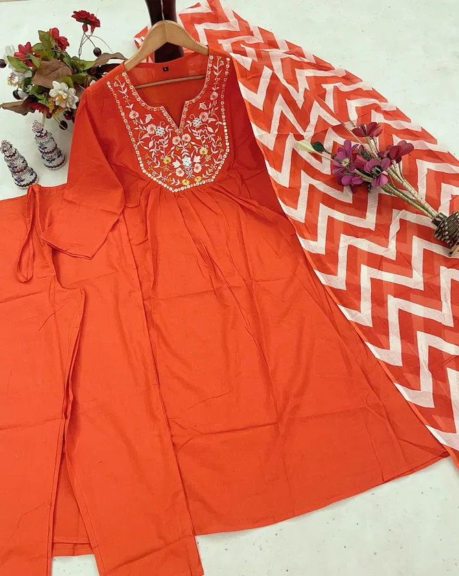 KF Kalaai Orange Cotton Embroidery Kurti With Bottom Dupatta Online Wholesale