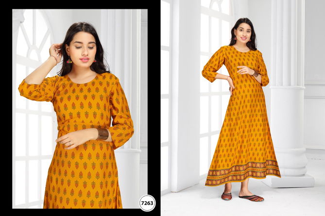 Ft Jaya Rayon Latest Fancy Designer Casual Ethnic Wear Gold Printed Long Kurtis Collection
