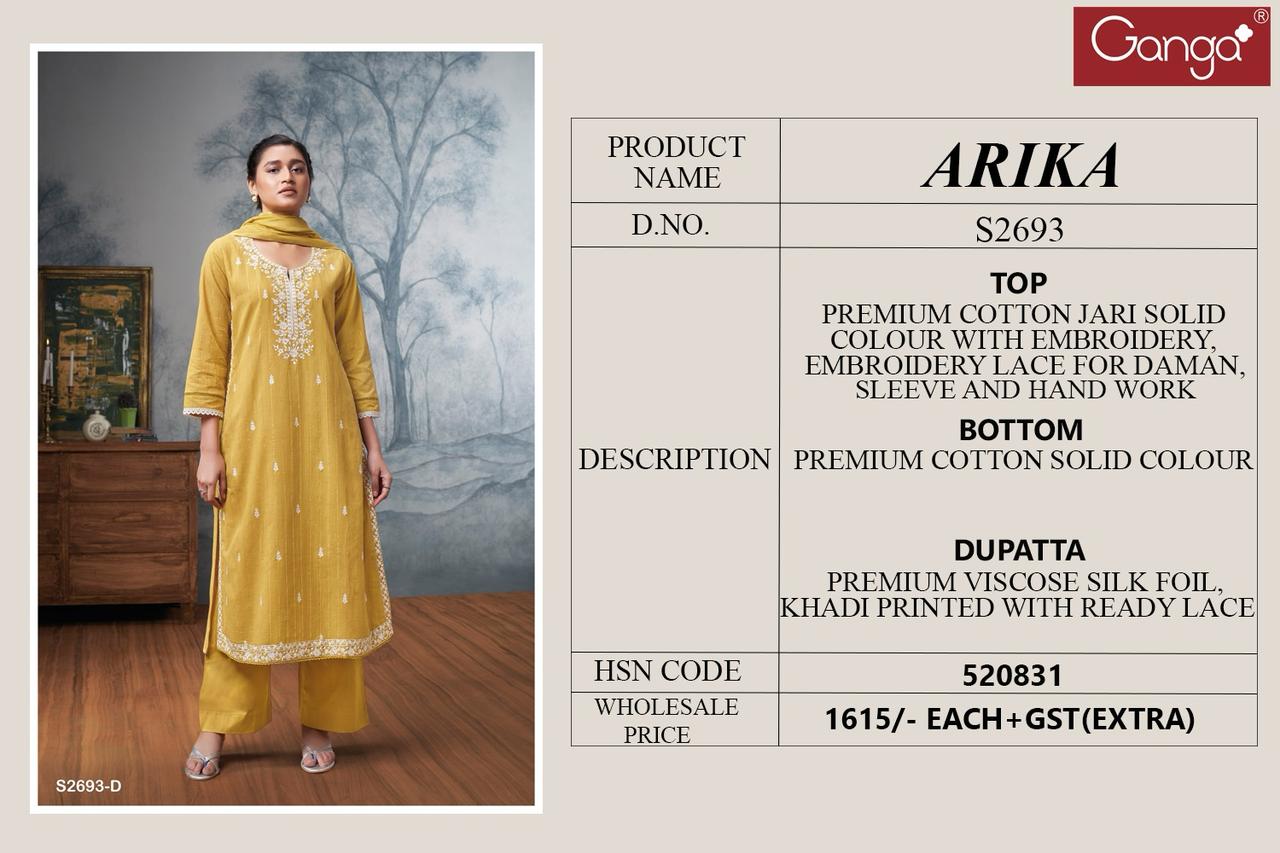 Arika 2693 By Ganga Cotton Embroidery Dress Material Wholesalers In Delhi