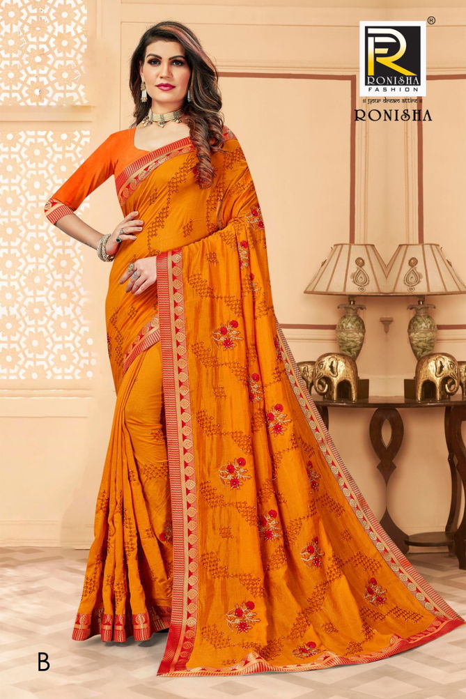 Ronisha Media Latest Fancy Designer Festive Wear Vichitra Silk Embroidery Worked Designer Saree Collection
