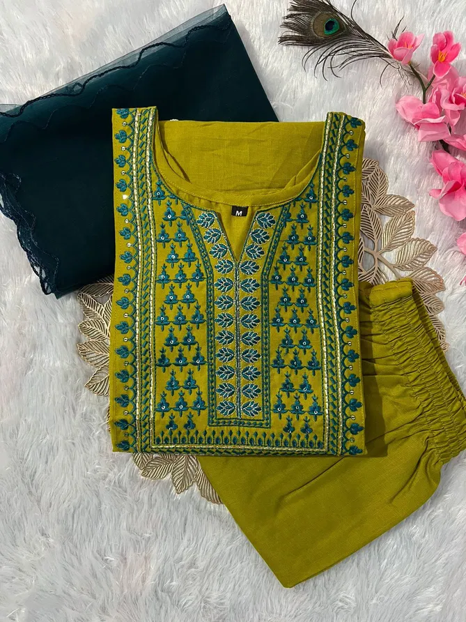 VT Designer Slub Cotton Embroidery Kurti With Bottom Dupatta Suppliers In India