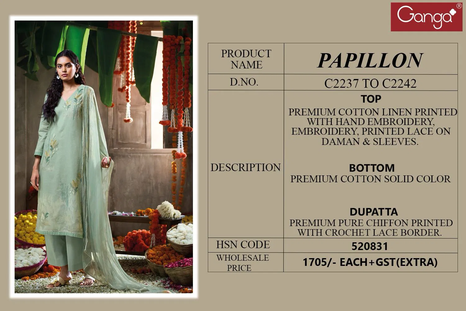 Papillon by Ganga Cotton Linen Printed Embroidery Salwar Suit Online Wholesale