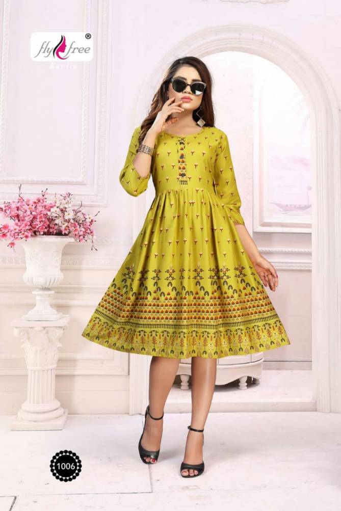 Fly Free Phonix Latest fancy bcasual wear Rayon Printed Designer Anarkali Kurtis Collection
