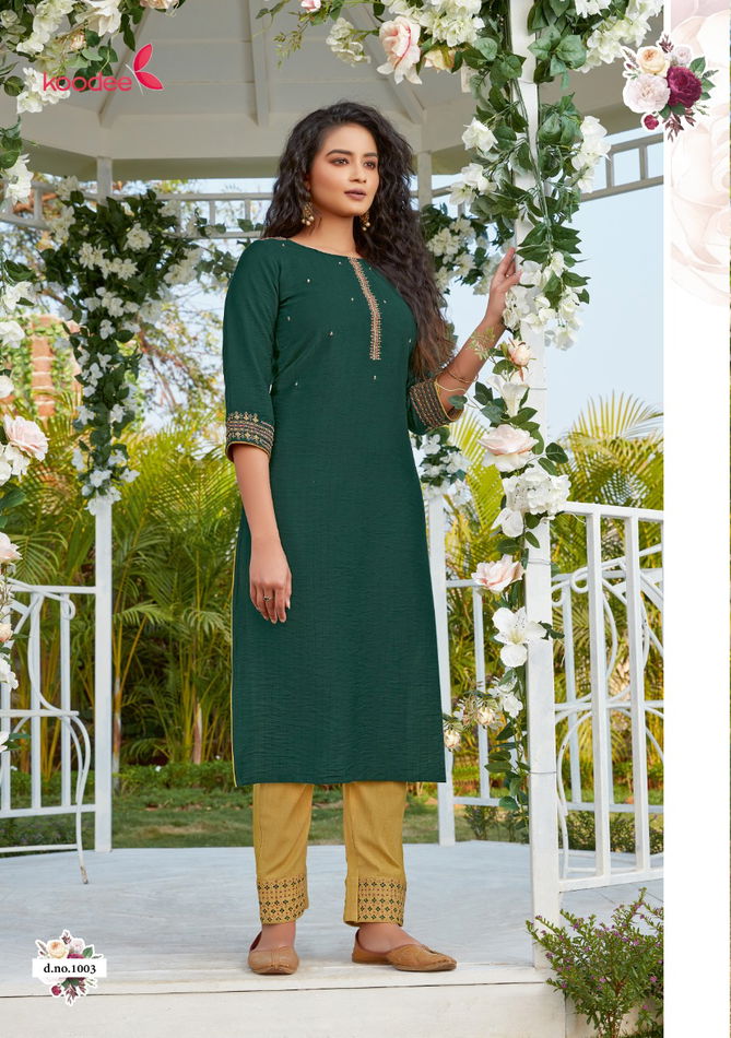 Koodee Sanvi 1 Latest fancy Festive Wear Viscose Embroidery Work Kurtis With Bottom Collection
