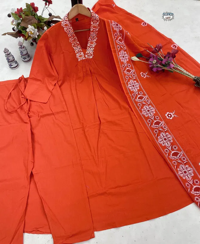 KF Kalaai Dark Orange Cotton Embroidery Kurti With Bottom Dupatta Orders In India