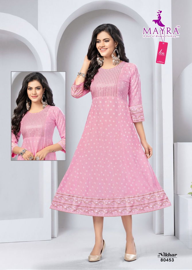 Mayra Nikhar Heavy Liva Designer Rayon Anarkali Kurti Catalog
