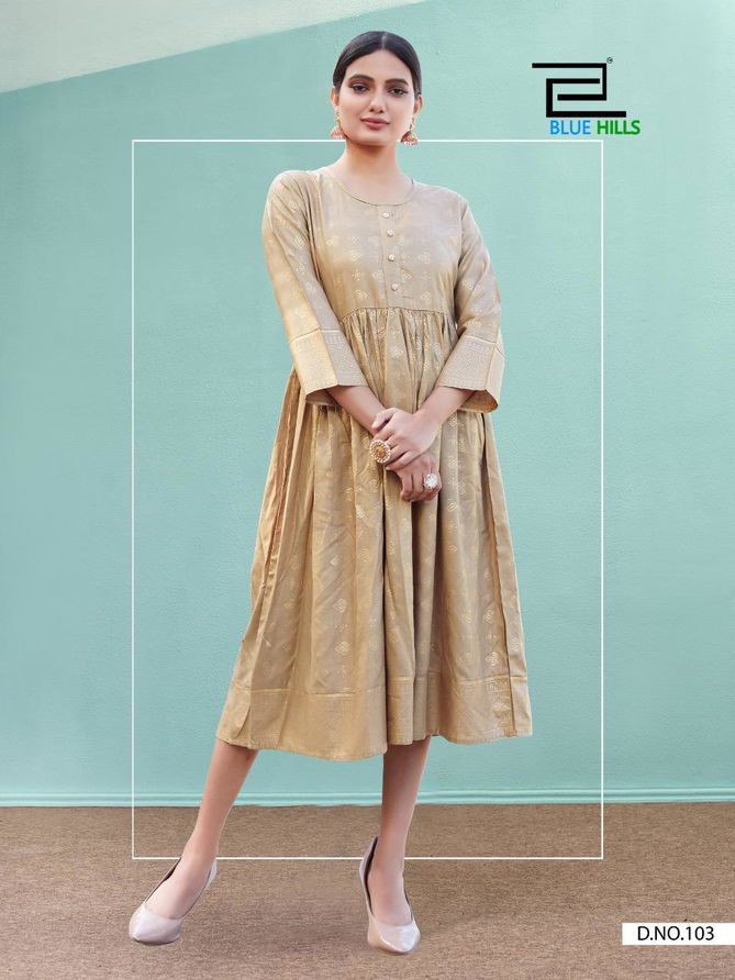 Blue Hills Shine Latest Fancy Designer Ethnic Wear Rayon Gold Print Kurtis Collection
