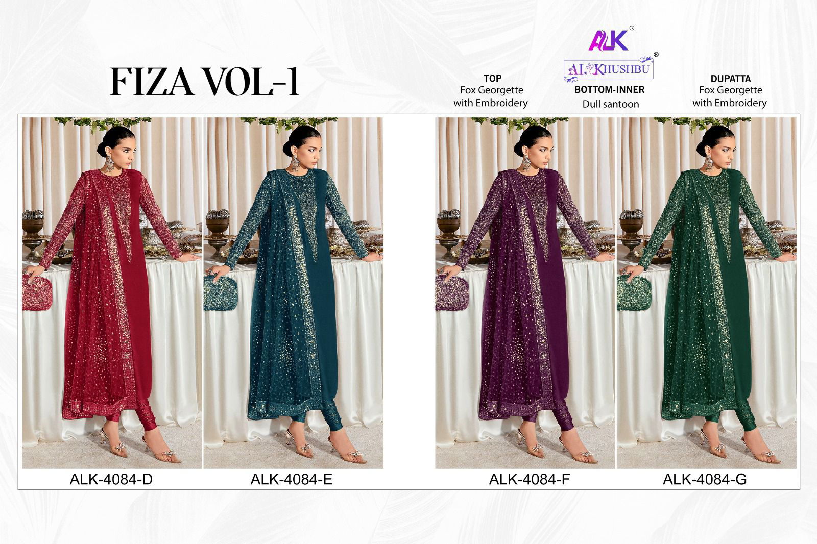 Fiza 4084 D To G By Alk Khushbu Embroidery Georgette Pakistani Suits Wholesale Shop In Surat
