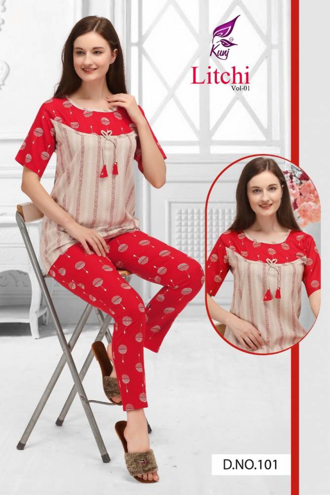 Kunj Litchi 1 oft Latest Exclusive Comfortable With Super Fine Stitching Rayon Night Suits Collection