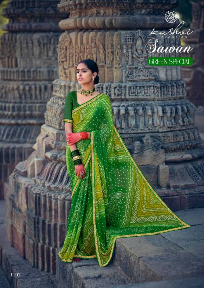 Kashvi Sawan Green Casual Wear Printed Designer Chiffon Saree Collection
