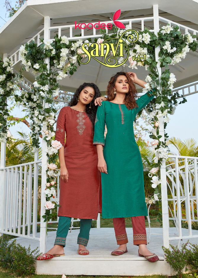 Koodee Sanvi 1 Latest fancy Festive Wear Viscose Embroidery Work Kurtis With Bottom Collection
