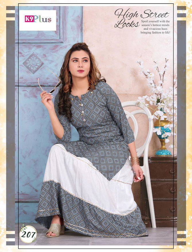 K9 Plus Margrett Latest Designer Festive Wear Rayon Bandhani Printed Top With Rayon skirt with gold print Kurti With Bottom Collection
