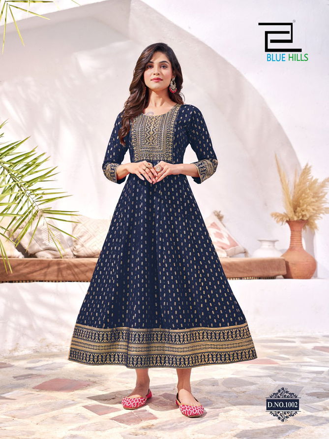 Yashika By Blue Hills Rayon Embroidered Anarkali Long Kurti Suppliers In India