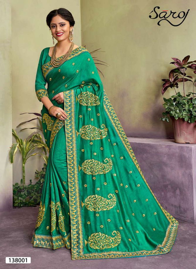 SAROJ  SUDHA Latest Fancy Designer Wedding Wear Vichitra Silk with Heavy Embroidery and Diamonds work Saree Collection