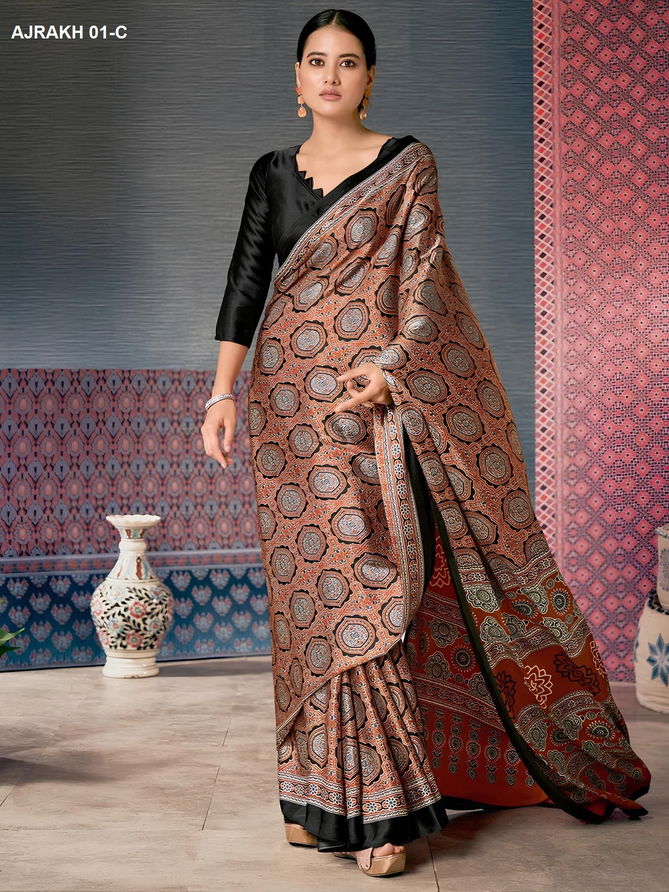 AJRAKH 01-A TO AJRAKH-01F By BT Printed Chinon Saree Online Wholesale