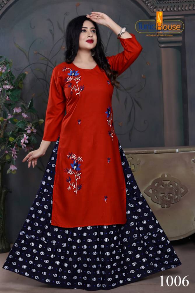 Tunic House Nexa 4 Embroidery Fancy Ethnic Wear Rayon With Embroidery Kurtis With Skirt Collection 
