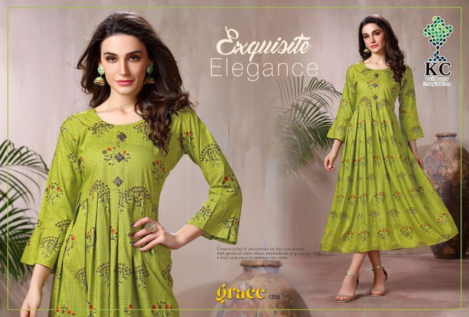 Kc Grace 12 Latest Fancy Designer Ethnic Rayon Printed Designer Long Kurti Collection
