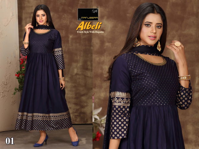 Manjeera Fashion Albeli Ethnic Wear Designer Anarkali Long Kurtis With Dupatta Collection
